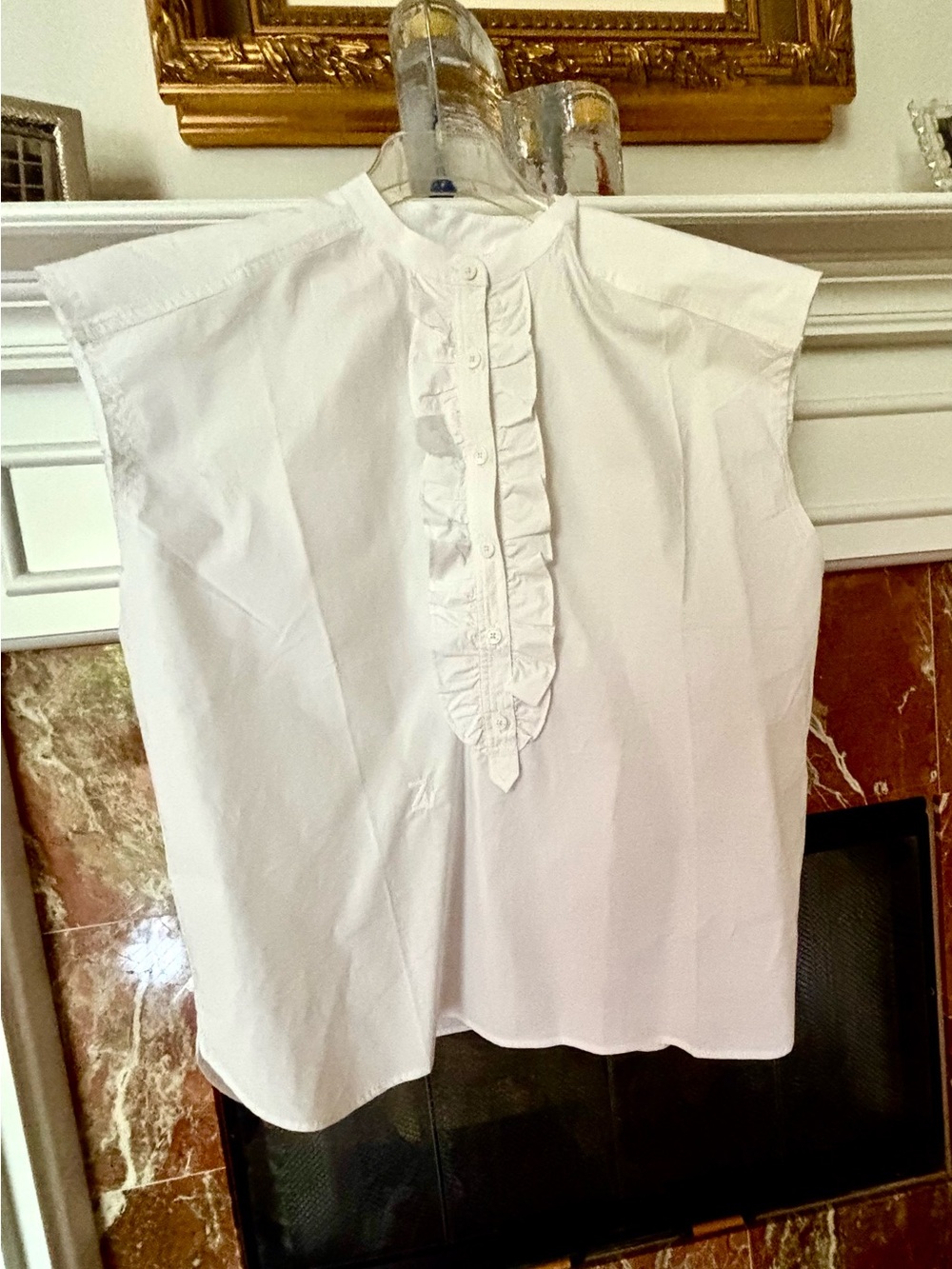 NWT Zadig & Voltaire White Ruffled Collarless Blouse, large, loose fit